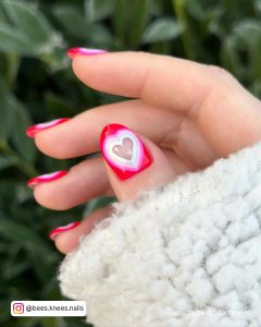 Valentines Day Nails Short With Negative Heart With White, Pink And Red Outline