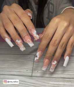 White Acrylic Nails With Rhinestones With Pink Base