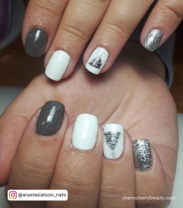 White And Gray Nail Designs With Little Finger In Silver Glitter