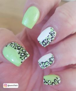 White And Green Nails Design With Unique Pattern