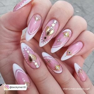 White And Pink French Tip Almond Shaped Acrylic Nails Valentines Day With Gold Designs