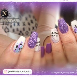 White And Purple Nail Ideas With Glitter And Dots
