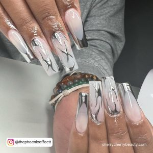 White And Silver Acrylic Nails With Metallic Touch