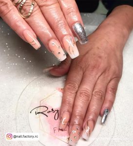 White And Silver Coffin Nails With Lines And Diamonds