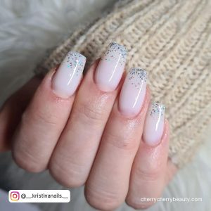 White And Silver Glitter Nails In Square Shape