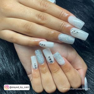 White And Silver Glitter Ombre Nails With Diamonds