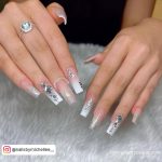 White And Silver Ombre Nails With Rhinestones