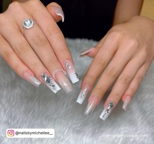 White And Silver Ombre Nails With Rhinestones