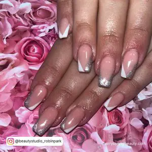 White And Silver Tip Nails On Pink Roses