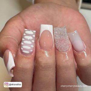 White Coffin Acrylic Nail Designs With Sparkly Design On Ring Finger