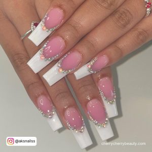 White Coffin Acrylic Nails With Diamonds And French Tips