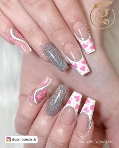 White Coffin Nails With Silver And Pink