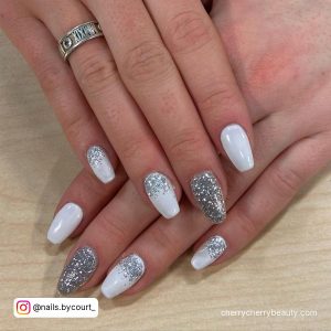 White Coffin Nails With Silver Glitter For Parties