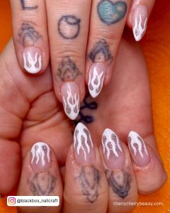 White Flame Nail With Tattoes On Fingers