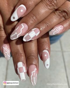 White Flames On Nails With Check Pattern On One Fingernail