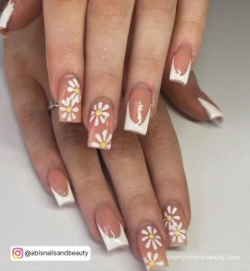 White Flower Design Nails On Nude Shade