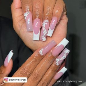 White Flower Nail Art Stickers On French Manicure