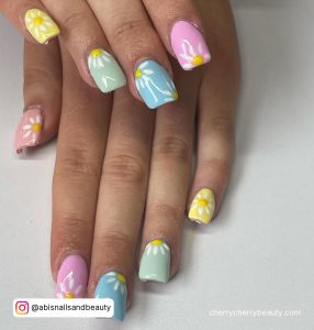 White Flower Nails In Rainbow Colors
