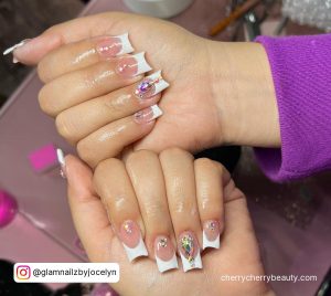 White French Nails With Rhinestones On Fingers