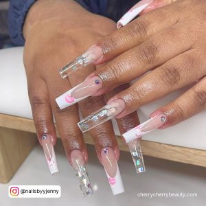 White French Tip And Clear Long Valentine'S Day Acrylic Nails With Heart Designs