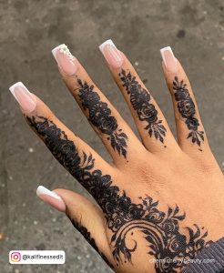 White French Tip Nails With Rhinestones And Henna