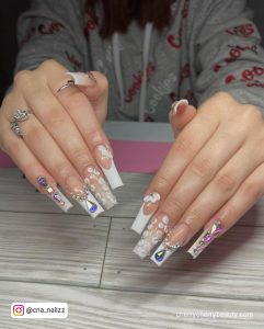 White Gel Nails With Rhinestones And White Tips