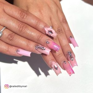 White Long Acrylic Nails With Diamonds And Flowers