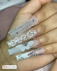 White Long Nails With Diamonds And Glitter