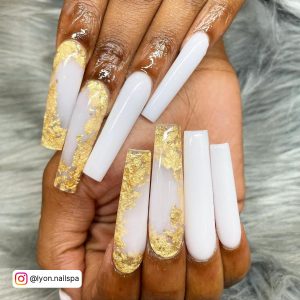 White Nail Designs Long In Golden Color