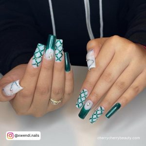 White Nail Designs With Rhinestones And Green Print