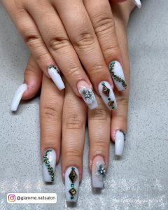 White Nail Ideas With Rhinestones In Black