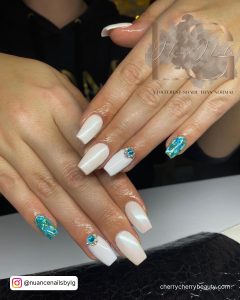 White Nail With Rhinestones On Ring Finger