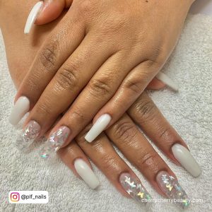 White Nails Matte With Two Clear Nails