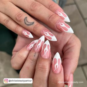 White Nails With Flame In Stilleto Shape