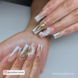 White Nails With Gold Rhinestones And Flowers