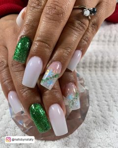 White Nails With Green Design And Glitter