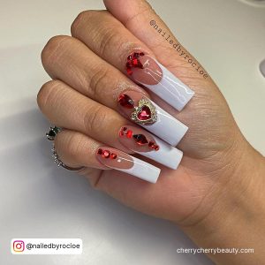 White Nails With Red Rhinestones For A Romantic Night Out