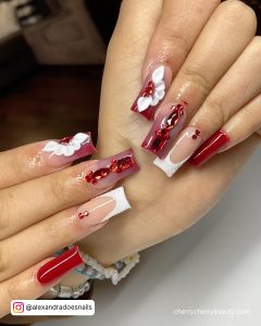 White Nails With Red Rhinestones For Valentine'S Day