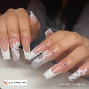 White Nails With Rhinestone And Flowers