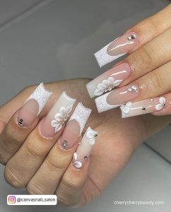 White Nails With Rhinestones In Coffin Shape