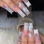 White Nails With Rhinestones In The Shape Of Butterflies