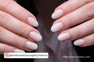 White Nails With Rhinestones Short In Oval Shape