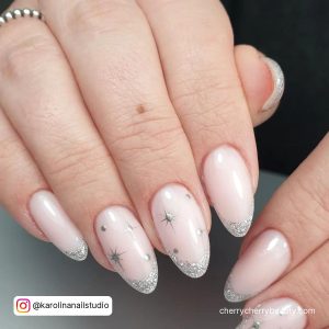 White Nails With Silver Tips And Stars