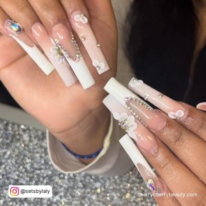 White Ombre Nails With Rhinestones And Flowers