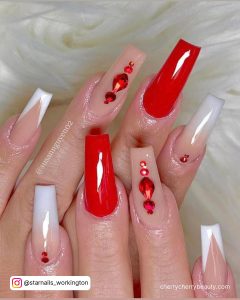 White Ombre, Red, Nude And White V Tip Glam Red Valentine Gel Nails With Red Rhinestones