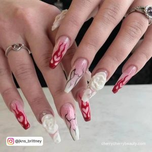 White Red And Nude Long Coffin Valentines Acrylic Nails With Devil And Flame Designs