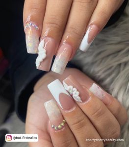 White Rhinestones Nails With Flowers
