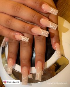 White Swirl Nails Coffin With A Nude Base