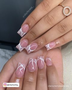 White Swirl Nails Coffin With Design On Tips Only