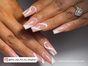 White Swirl Nails Coffin With Pink Base Coate